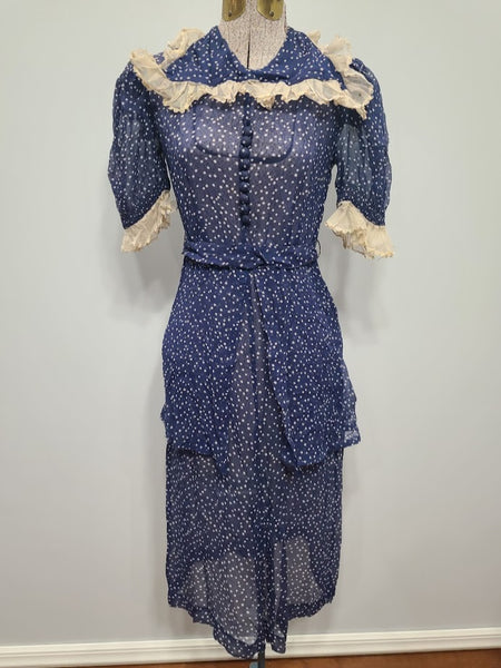 Lightweight Crepe Blue Polka Dot Dress <br> (B-34.5" W-26" H-32")