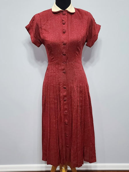 Vintage 1930s 1940s Red Button Down Dress