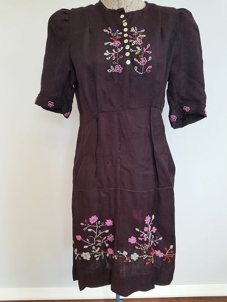 Vintage 1920s / 1930s Wool Maroon Dress with Beading