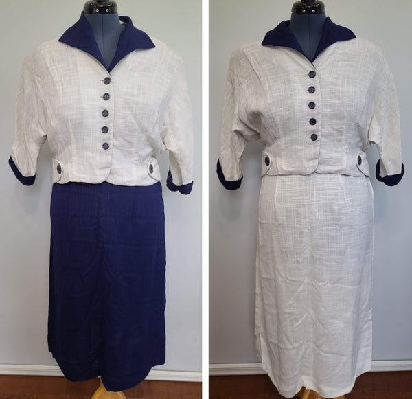 Vintage 1940s / 1950s Plus Size White & Blue Outfit: Jacket w 2 Skirts