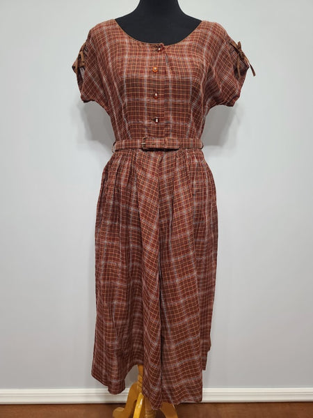 Vintage 1940s / 1950s Brown Plaid Dress with Rhinestone Buttons