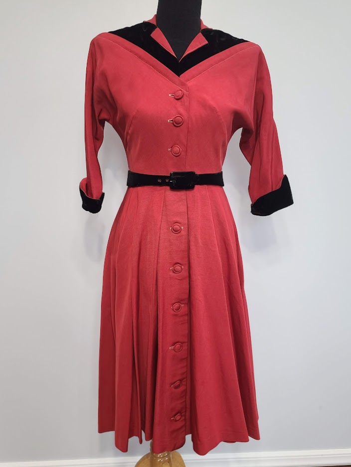 Red Dress with Black Trim and Belt B 35 W 26 H full