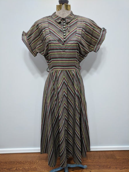 Vintage 1940s / 1950s Striped Dress with Rhinestone Buttons