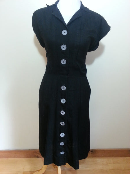 Vintage 1940s Black Dress w/ Gray Buttons Famous Frocks
