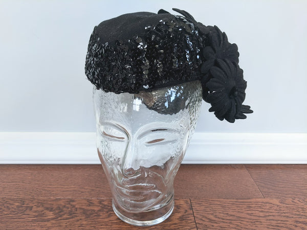 Vintage 1940s Black Felt Hat Sequins and Flowers