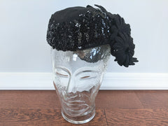 Vintage 1940s Black Felt Hat Sequins and Flowers