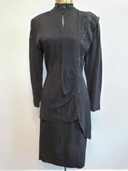 Vintage 1940s Black Rayon Beaded Skirt Suit Asymmetrical 