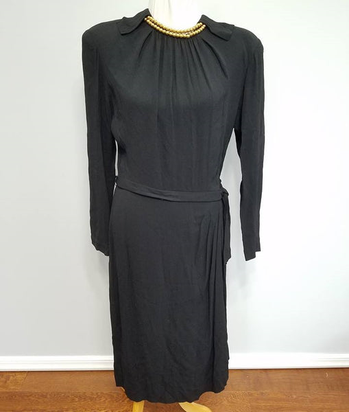 Vintage 1940s Black Rayon Dress with Attached Gold Bead Necklace