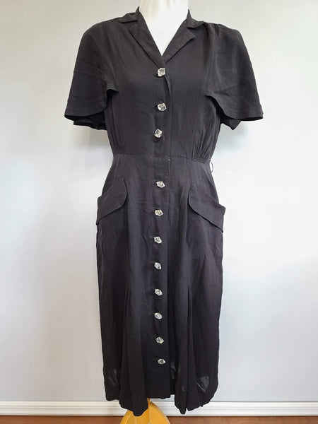 Vintage 1940s Black Rayon Dress with Capelet