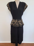 Black Rayon Peplum Dress with Gold Sequins and Soutache <br> (B-33" W-26" H-35")