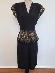 Black Rayon Peplum Dress with Gold Sequins and Soutache <br> (B-33" W-26" H-35")