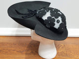 Vintage 1940s Black Wide Brim Hat with Mesh and Rhinestones