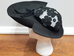 Vintage 1940s Black Wide Brim Hat with Mesh and Rhinestones