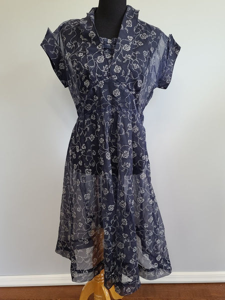 Vintage 1940s Blue See-Through Dress with Flower Design