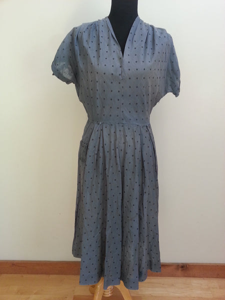 Vintage 1940s Blue / Slate Gray Polka Dot Dress