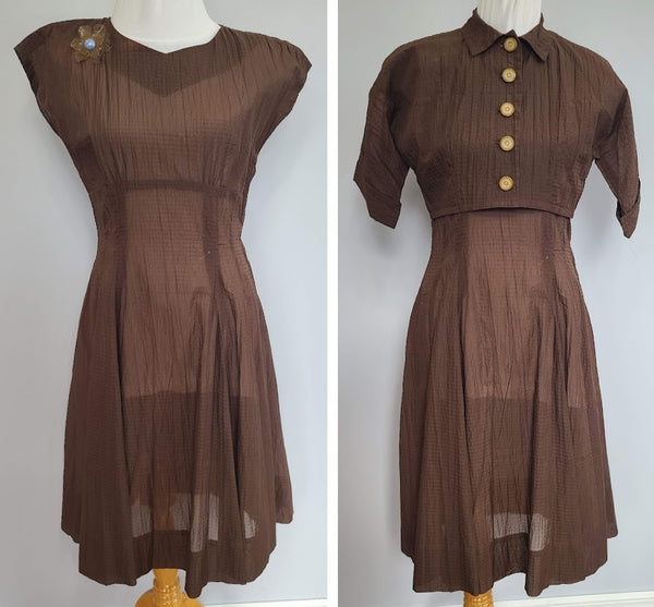 Brown Seersucker Dress & Bolero Jacket <br> (B-37" W-30" H-46")