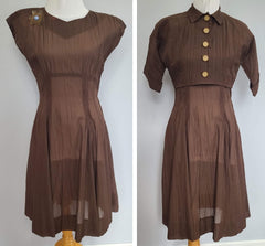 Brown Seersucker Dress & Bolero Jacket <br> (B-37" W-30" H-46")
