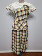 Vintage 1940s Brown Yellow Green & White Plaid Peplum Dress