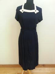 Vintage 1940s Dark Blue Dress w/ White Trim