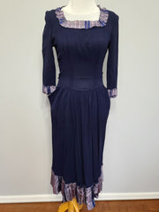 Dark Blue Rayon Dress with Plaid Trim <br> (B-35" W-25.5" H-38")