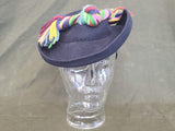 Vintage 1940s Dark Blue Tilt Hat with Colorful Yarn