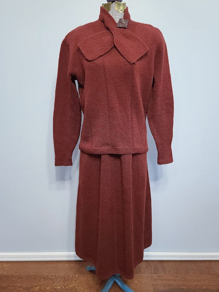 Vintage 1940s Dark Red Knit Sweater and Skirt Set