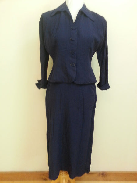 Vintage 1940s Navy Blue Skirt Suit Linen/Cotton