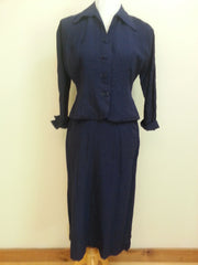 Vintage 1940s Navy Blue Skirt Suit Linen/Cotton