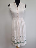 Vintage 1940s Off-White Sleeveless Dress with Green Design on Skirt