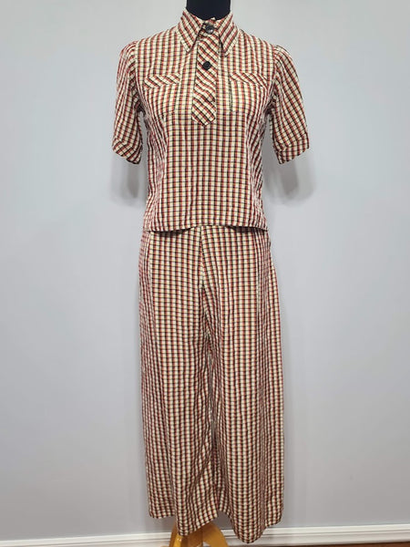 Vintage 1940s Plaid Silk Pajama Set: Shirt and Pants