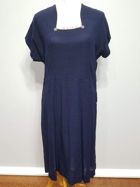 Vintage 1940s Plus Size Navy Blue Dress Pink Trim at Collar