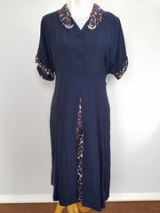 Vintage 1940s Plus Size Navy Blue Dress with Trim AS-IS