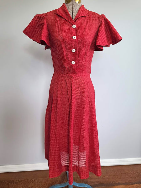 Vintage 1940s Red Seersucker Dress Accented Sleeves