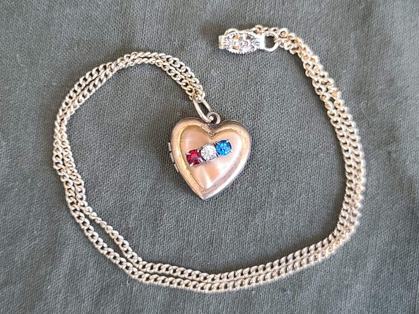 Vintage 1940s Red White and Blue Heart Locket Engraved
