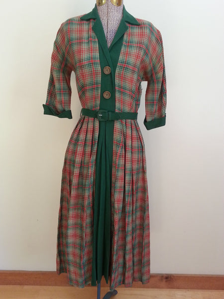 Vintage 1940s Red and Green Plaid Dress - Rae Mar Label
