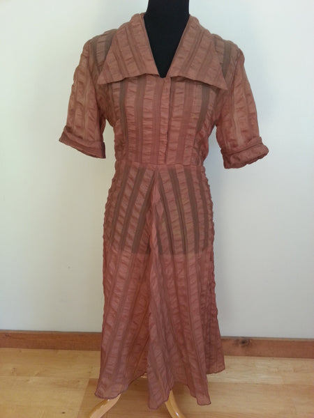 Vintage 1940s Sandstone Orange Stripe Dress - Large Size