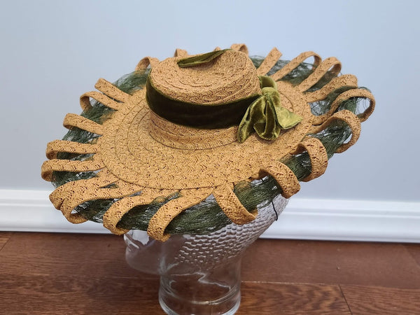 Vintage 1940s Straw Tilt Hat with Green Netting & Velvet