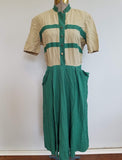 Vintage Clothing 1940s Tan and Green Dress  (B-40" W-28.5" H-40")