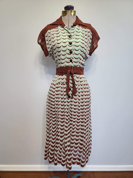 Vintage 1940s Teal and Brown Crepe Dress 