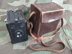 Vintage 1940s WWII-era Unmarked German Box Camera in Leather Case