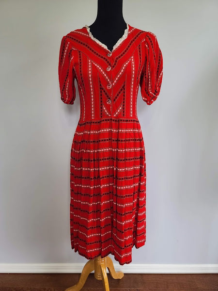 Vintage 1940s WWII German Red Print Dirndl Dress
