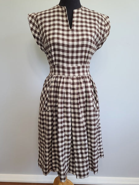 Vintage 1940s White & Brown Plaid Sleeveless Wool Dress