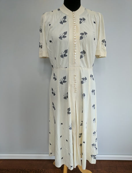 Vintage 1940s White Button Down Dress with Blue Embroidery