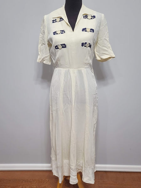 Vintage 1940s White Dress with Blue Accents