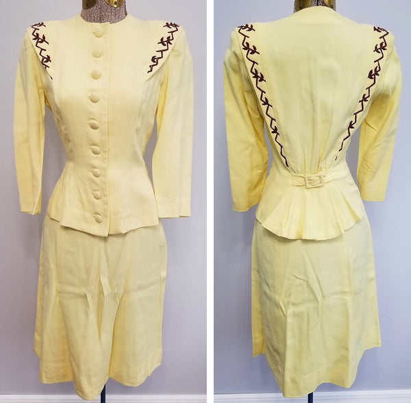 Vintage 1940s Yellow Skirt Suit with Brown Trim