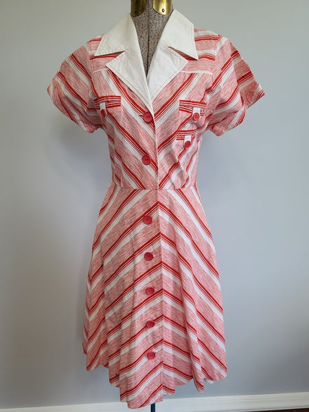 Vintage "1960s does 1940s" German Red and White Striped Dress