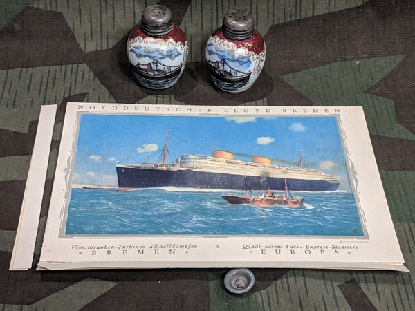 Vintage German Bremen 1932 Cruise Ship Salt & Pepper Shakers and Menu