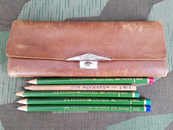 Vintage German Brown Leather Pencil Case with 5 Colored Pencils