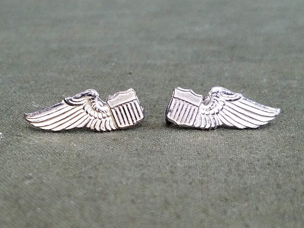 Vintage WWII Pilot Wing Sweetheart Screw-Back Earrings Sterling