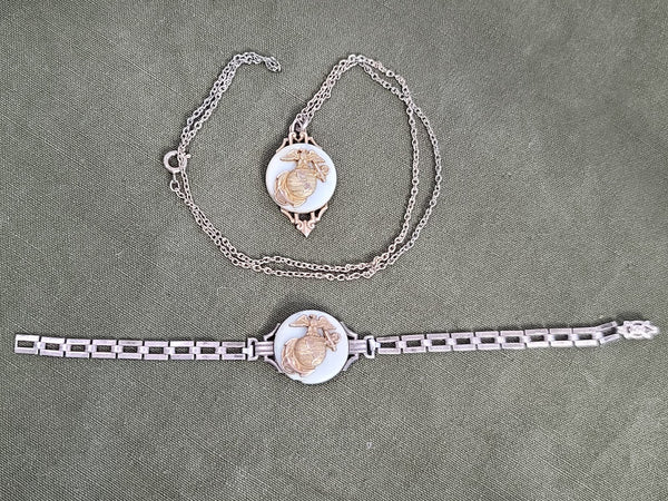 Vintage WWII Sweetheart Marine Corps Necklace and Bracelet Set Sterling